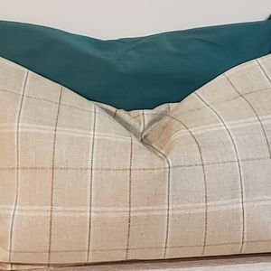Farmhouse Plaid Upholstery Cream And Emerald Green Silk Pillow Covers Combo Set.